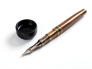 A luxurious fountain pen and inkwell on a clean white background for writing