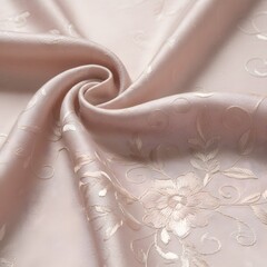 A close-up view of a delicate pink fabric with intricate floral patterns and soft folds