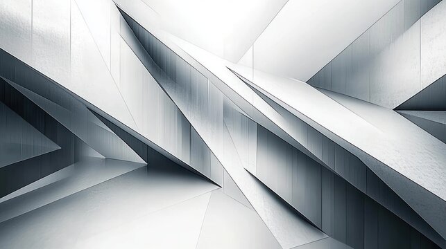Minimalist abstract interior of overlapping folded angular white and gray planes and slabs with sharp edges, deep shadows and a serene futuristic mood