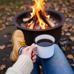 Cozy Campfire with Mug in Autumn