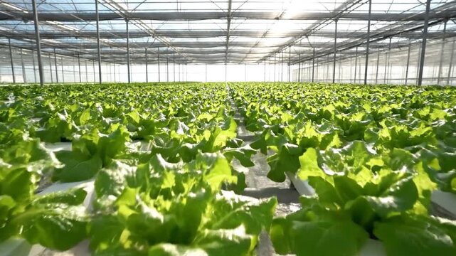 Rows of fresh green lettuce thrive in a modern hydroponic greenhouse under