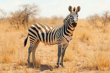 Naklejka premium Alert zebra standing in sunlit dry savanna grassland with sparse trees and warm golden light, calm curious expression
