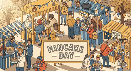 Illustration of a lively outdoor festival celebrating Presidents' Day with people enjoying food and activities on a sunny day in America.