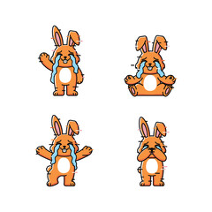 Crying cartoon bunny rabbit with blue tears in various poses on white background