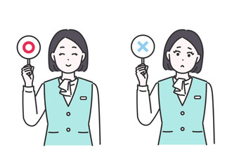 マルとバツのプラカードを持つ受付スタッフのイラストセット