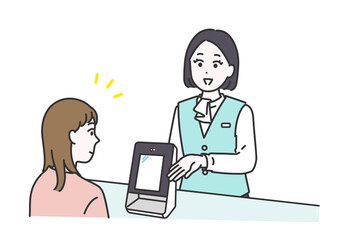 受付でカードのスキャンをお願いするビジネス女性のイメージイラスト