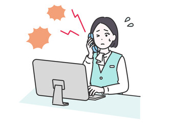 苦情の電話を受けて驚くビジネス女性のイメージイラスト