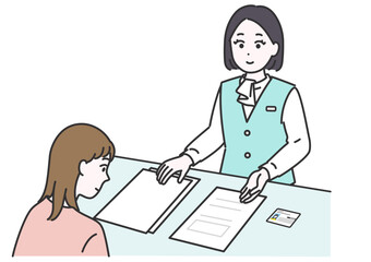 資料が置かれた机の前で、カードを使って患者に説明をするキャリア女性のイラスト