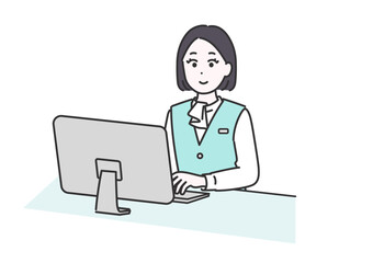 パソコンの前で仕事をする女性事務員のイメージイラスト