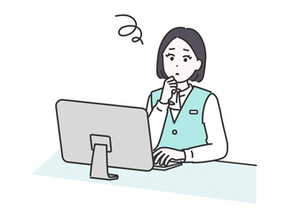 仕事中、パソコン画面を見つめて思案する女性社員のイラスト