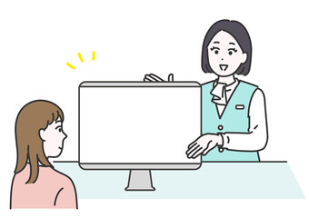 相手に向かい合いながらパソコンモニターを指差して説明するビジネス女性のイメージイラスト