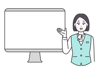 パソコンモニターを指差して説明するビジネス女性のイメージイラスト