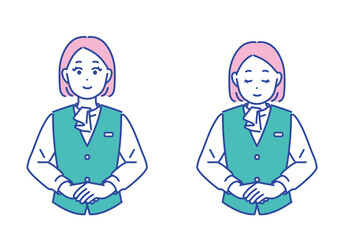 窓口受付案内　お辞儀をするビジネス女性のイラストセット