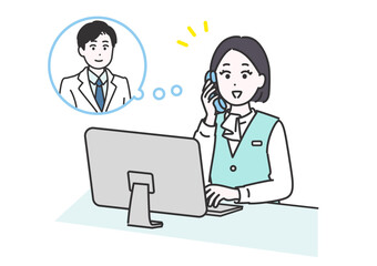 医師に電話を取り次ぐ受付業務の女性のイメージイラスト