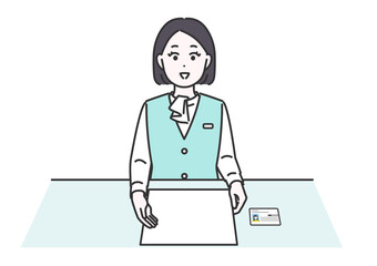 机の上の資料を指差し、カードと一緒に説明するビジネス女性のイメージイラスト