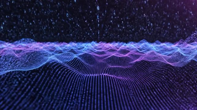 Abstract digital landscape with glowing data waves and binary code