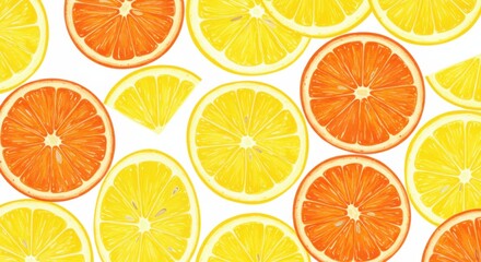 Obraz premium Hand-drawn Citrus Slices: Oranges and Lemons on White Background, Fresh and Bright.