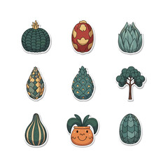 Set of cartoon easter eggs and plants in various styles and colors