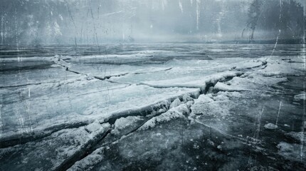 Ice winter background with cracks and grunge texture concept. A frozen landscape showcasing cracked ice and a misty atmosphere.