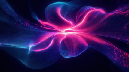 Fototapeta premium Ethereal neon ribbons forming a glowing abstract flower shape, vibrant pink and blue light trails radiating energy and graceful motion