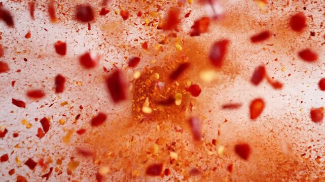 Close-up of red and yellow chili flakes exploding from center, against a white, blurry background