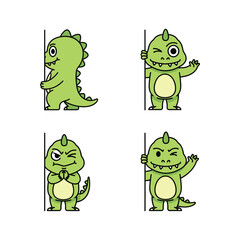 Cartoon dinosaurs showing emotions behind curtain with copy space