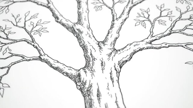 A close-up, line-drawn depiction of a tree's branches, trunk, and delicate leaves