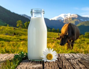 Glass bottle filled with white liquid on wood, cow in background