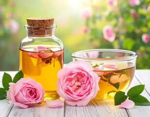 Glass bottle, bowl, pink roses, and tea on white wooden surface