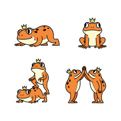 Cartoon frogs with crowns in various poses and interactions on white background