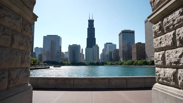 City skyline framed by an archway of stone, overlooking a calm lake on a sunny day