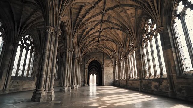 Vast Gothic hall interior with vaulted ceiling and tall arched windows