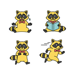 Cartoon raccoon character in various poses with bow tie on white background