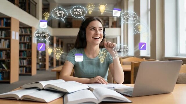 Memory improvement study student using memory palace mnemonic and spaced repetition techniques for focused study listening to audio lecture library