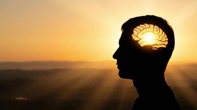 Memory improvement silhouette profile with glowing brain sunrise inspiring focus cognition and mental health, sunlight backlight golden hour memory