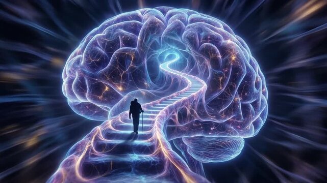 Memory improvement journey through glowing neural pathway inside human brain with elderly silhouette walking along luminous stair evoking hope