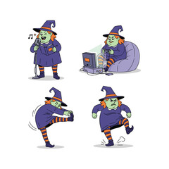 Cartoon witch dancing and working on laptop with copy space
