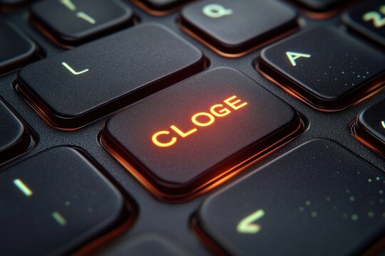 Close up of black backlit keyboard with glowing orange key labeled CLOGE textured chiclet keys and warm futuristic glow conveying urgency and focus