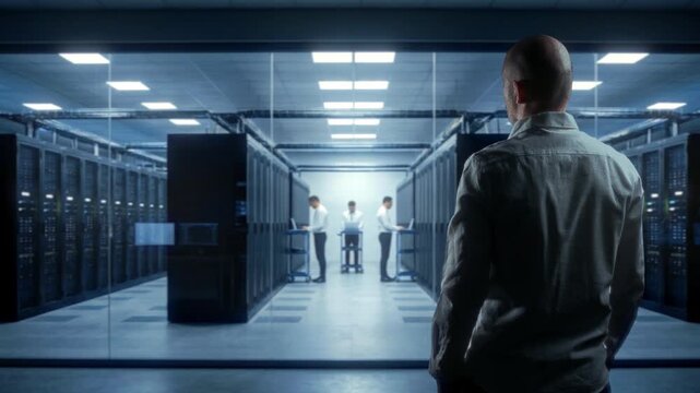 Professional Security Personnel Examine Badges And Conduct Formal Checks Along Server Aisleways