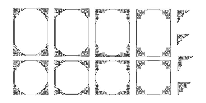 Set of vintage Asian frames and corner, Drawing traditional Chinese ornaments for your design, Asian elements oriental decorative
