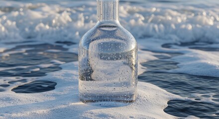 Clear water bottle with droplets on snowy surface