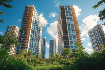 Fototapeta premium Sunlit modern residential towers with balconies rising above lush green trees under a bright blue sky, evoking calm uplifting urban serenity