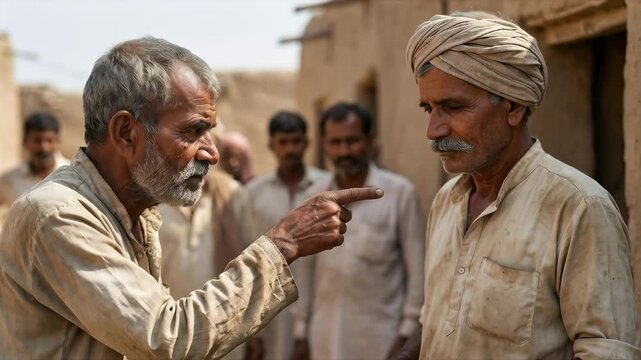 An elder confronts a villager in a heated discussion, their expressions tense as strong opinions clash in the open air.