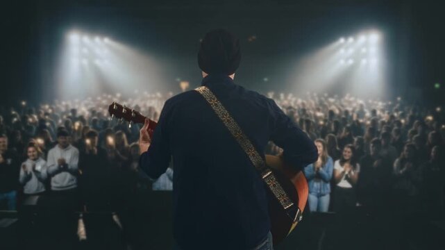 Stage Sound Harmony, Quiet Crowd Absorbed In Soulful Acoustic Guitar Concert Under Gentle Stage Lighting