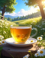 Glass cup of chamomile tea in sunny meadow