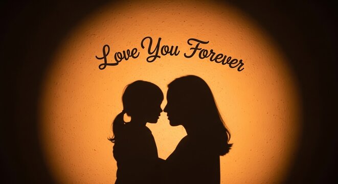 Feliz Dia das Maes Silhouette of Mother and Child Embracing with Love You Forever Message