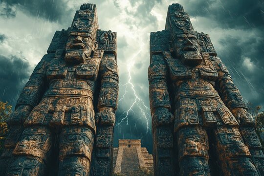 Guardians of the Ancient Temple: Towering stone sculptures stand watch, their weathered visages framed by a stormy sky, safeguarding the secrets of an ancient civilization.