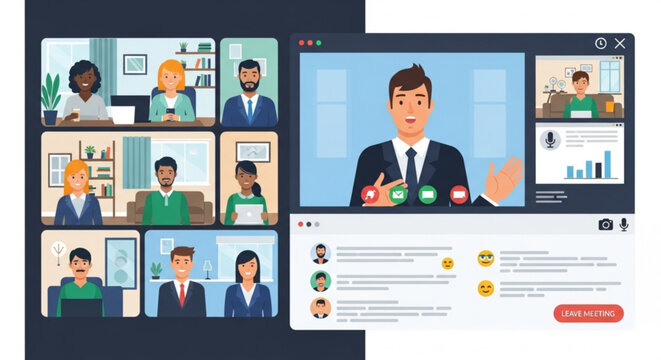 A vector graphic illustration of a business man presenting to a group of people in a virtual meeting on a computer screen