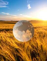 Glass globe over golden field at sunrise, blue sky with fluffy clouds