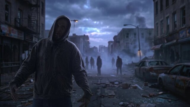 Defiant Figure Confronts Approaching Zombies, Standing Confidently Amidst Zombie Invasion At Dusk